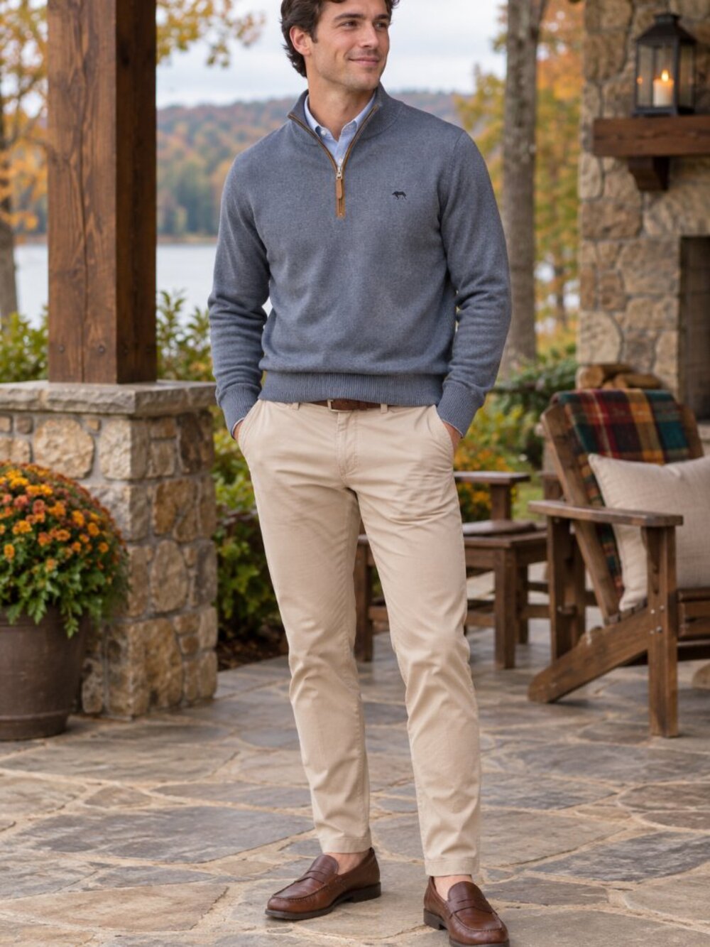 Onward Reserve Men’s S Blue Cotton Quarter Zip Boar Logo Pullover qse